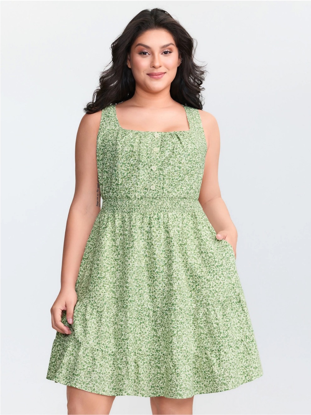 New BloomChic Breezy Floral Print Ruffled Hem Pocketed Mini Dress Green Bean